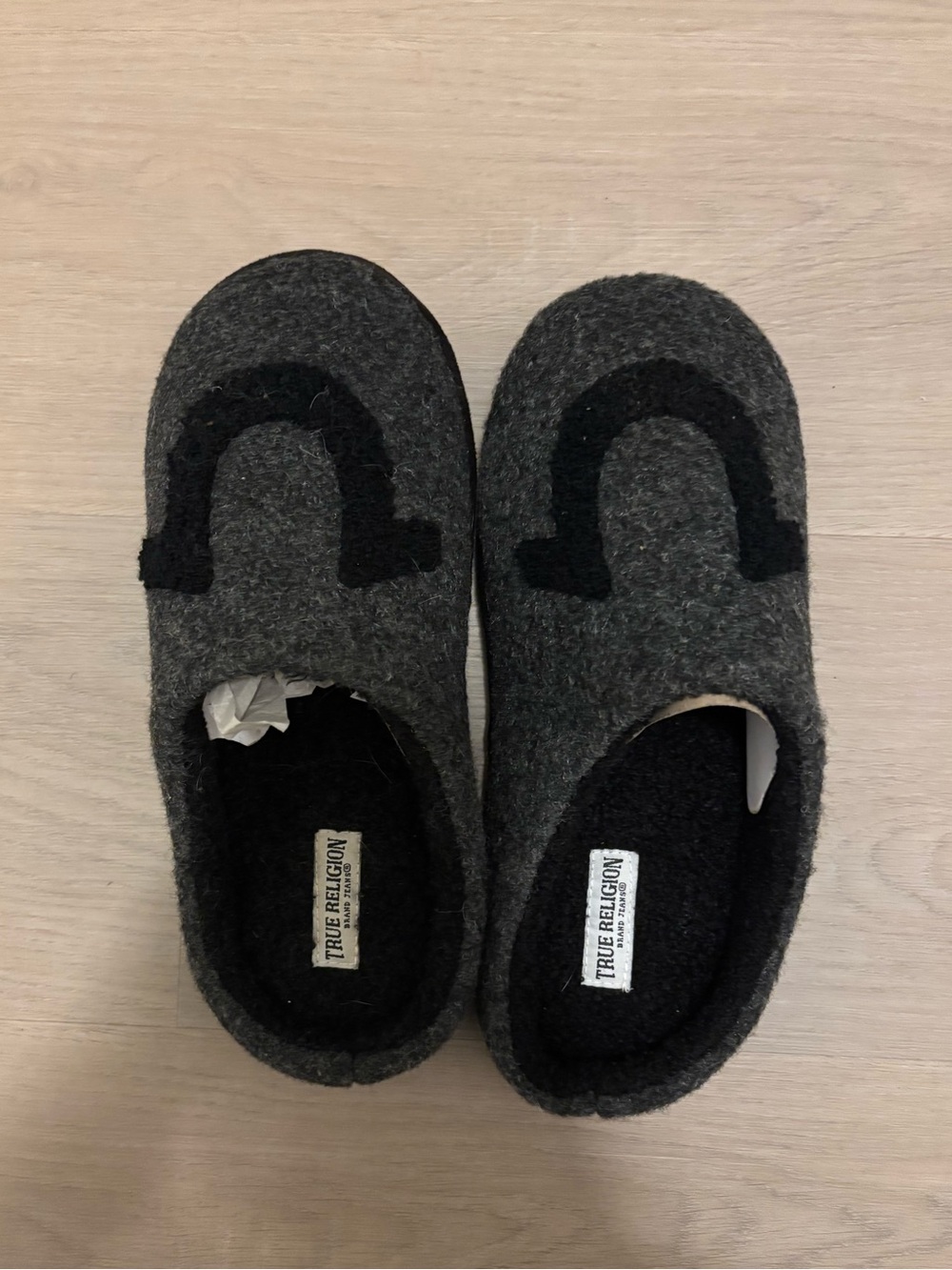 True Religion Menโs Gray Felt Slip-Ons with Black Logo Accent